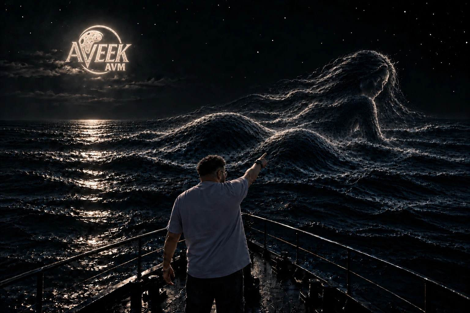 Aveek on the bow of a ship beneath his luminous moon logo, looking across the night ocean